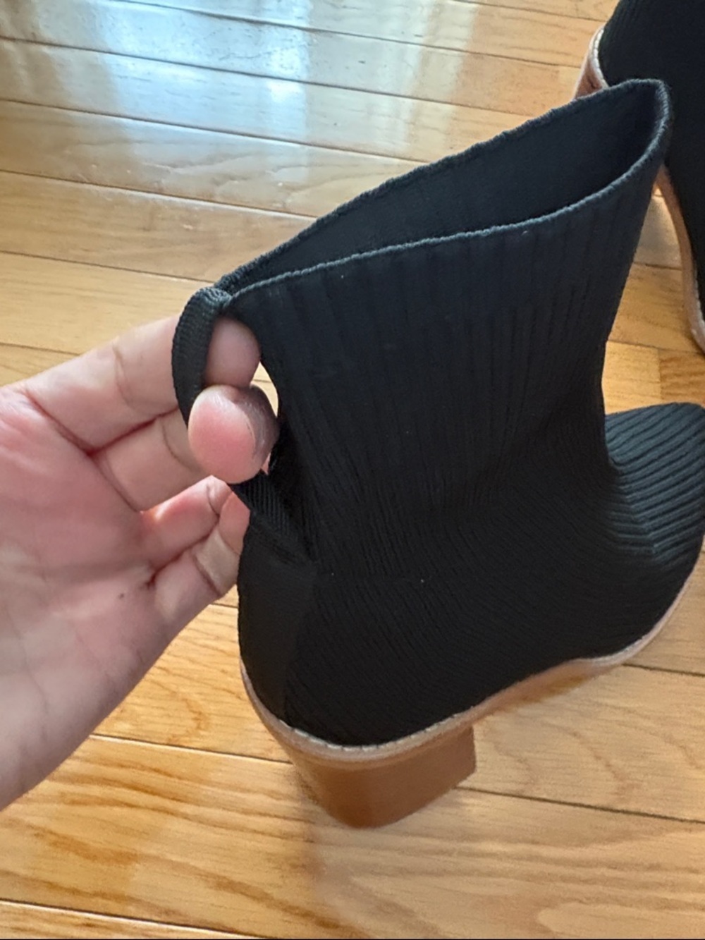 Steven By Steve Madden Black Knit Sock Ankle Boots with Brown Block Heel - Picture 6 of 10